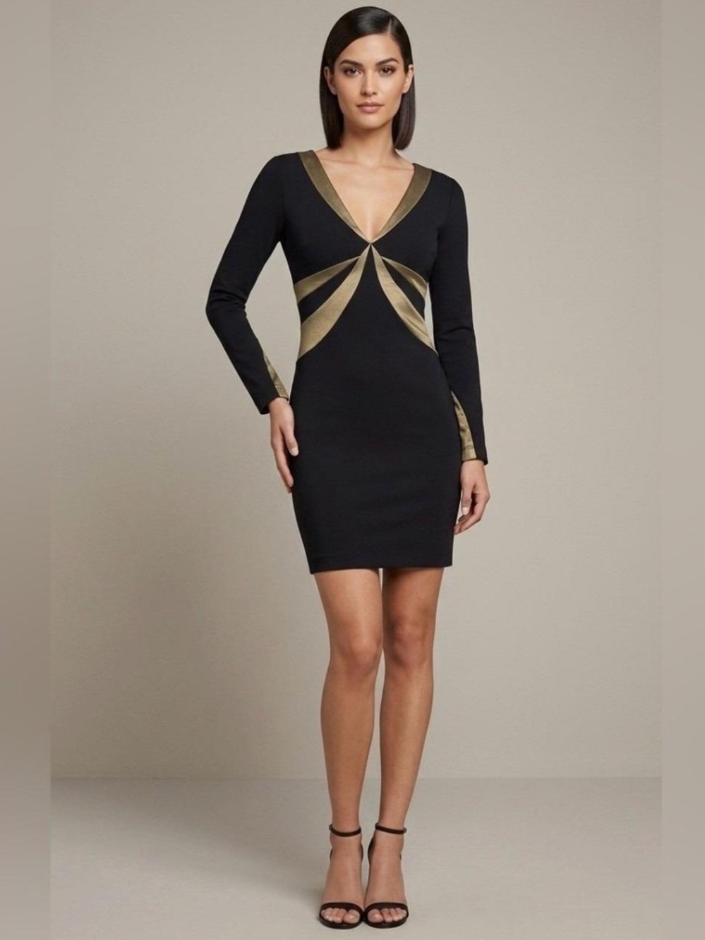 BCBGMaxazria Black & Brown Long Sleeve V Neck Mini Dress Womens Size Medium